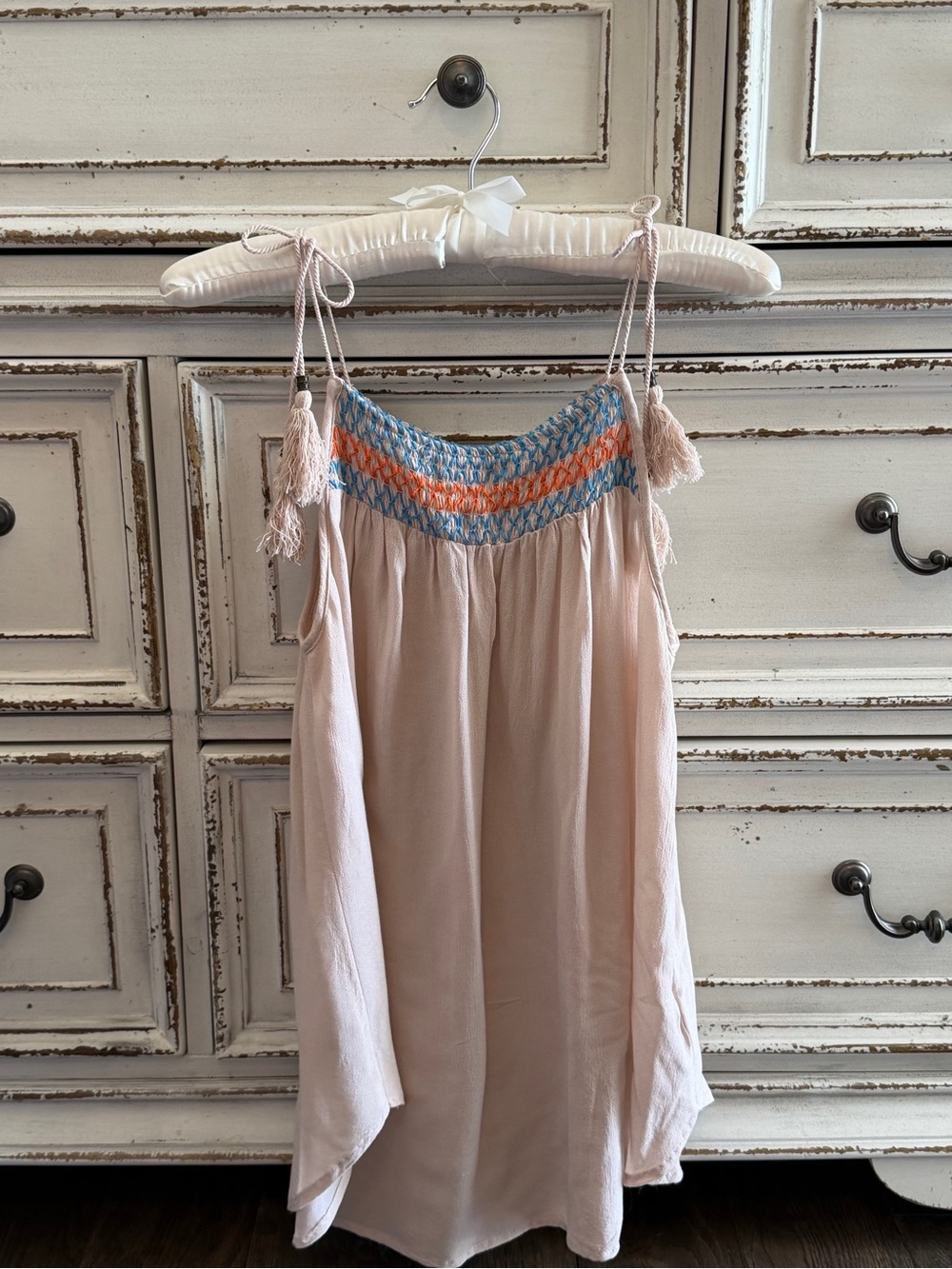 Xhilaration Creme Tassel Strap Smocked Camisole with Blue and Orange Accents